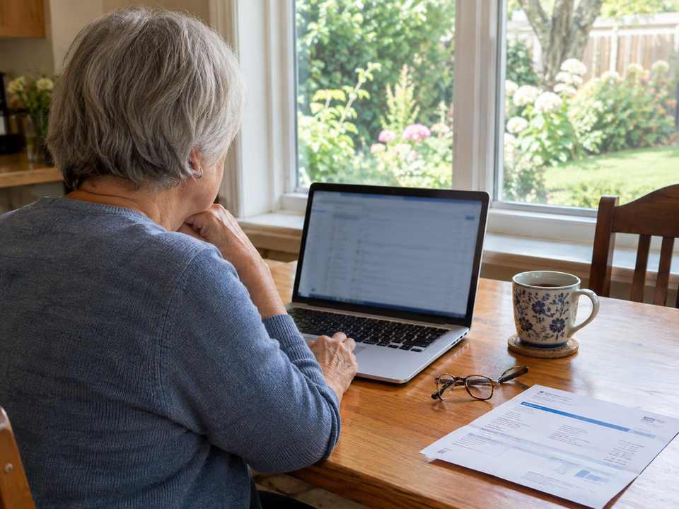 An older Milton homeowner reading an email on a laptop at a kitchen table, seen from behind the shoulder with no face visible.
