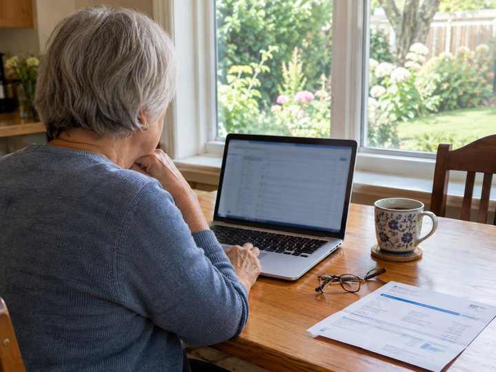 An older Milton homeowner reading an email on a laptop at a kitchen table, seen from behind the shoulder with no face visible.