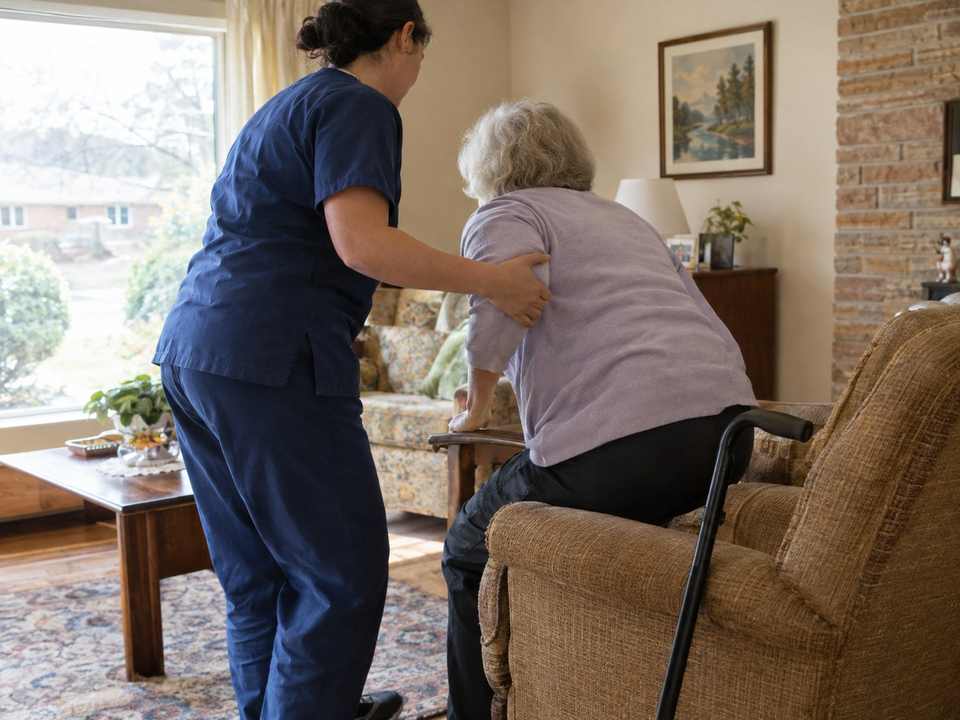 A home care worker helping an older person stand from an armchair in a bright living room, faces turned away from the camera.