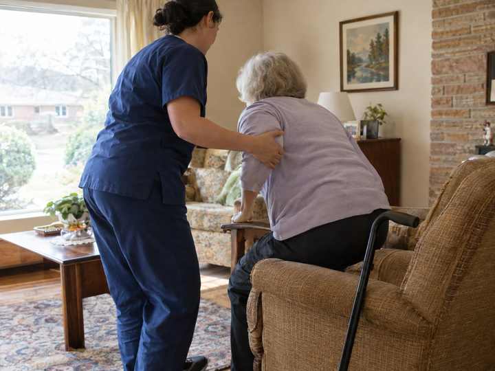 A home care worker helping an older person stand from an armchair in a bright living room, faces turned away from the camera.