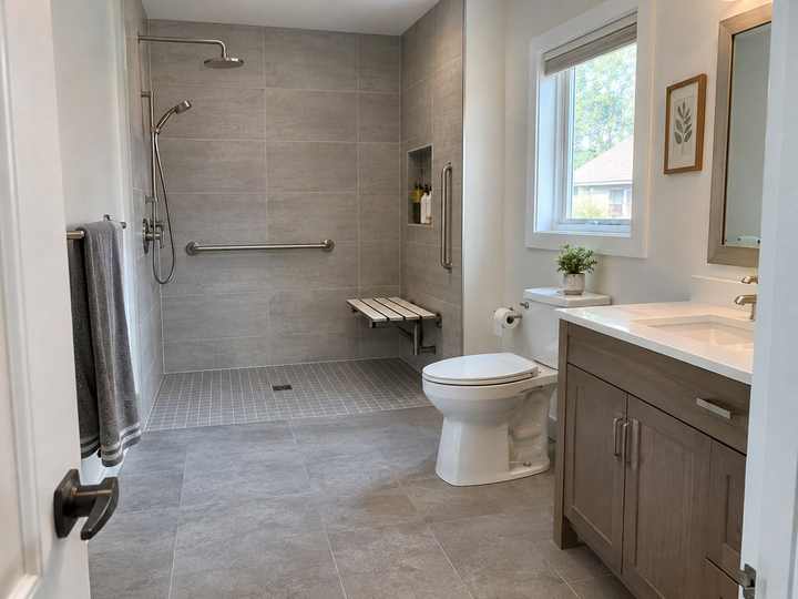 A newly renovated main-floor bathroom with a walk-in shower and grab bars on the tiled wall.